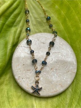 Smokey Blue Bead Chain Necklace with Blue-Green Crystal Beads and Starfish Charm